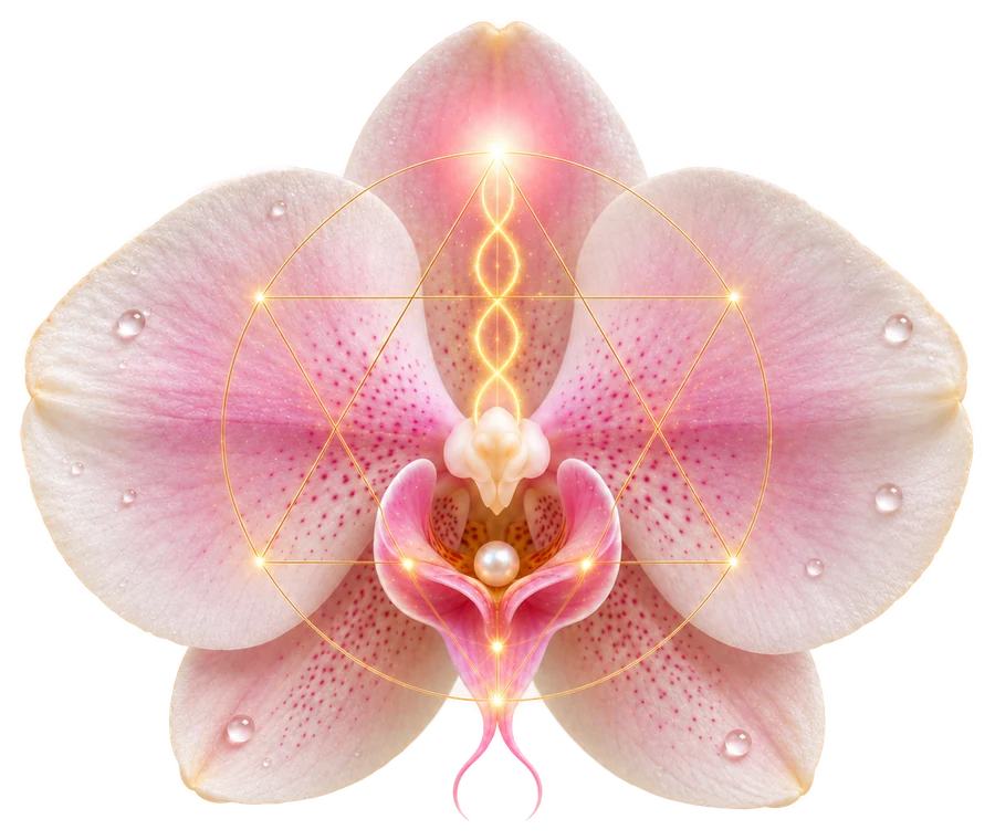 Orquídea rosada con una geometría sagrada dorada en su centro
